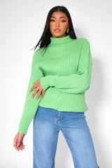 HIGH NECK CONSTRAST STITCH RIBBED KNITTED OVERSIZED JUMPER GREEN
