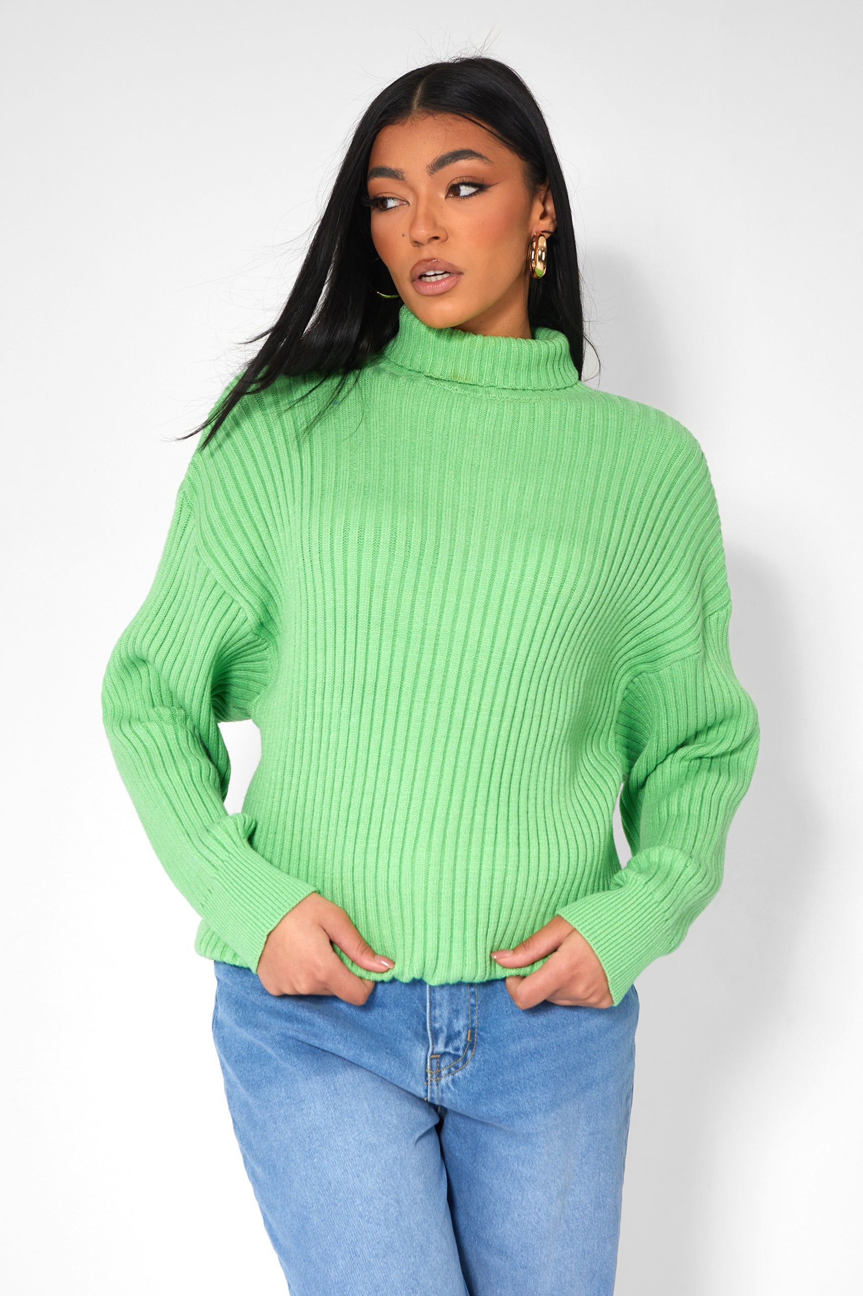 HIGH NECK CONSTRAST STITCH RIBBED KNITTED OVERSIZED JUMPER GREEN