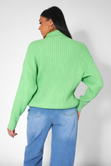 HIGH NECK CONSTRAST STITCH RIBBED KNITTED OVERSIZED JUMPER GREEN