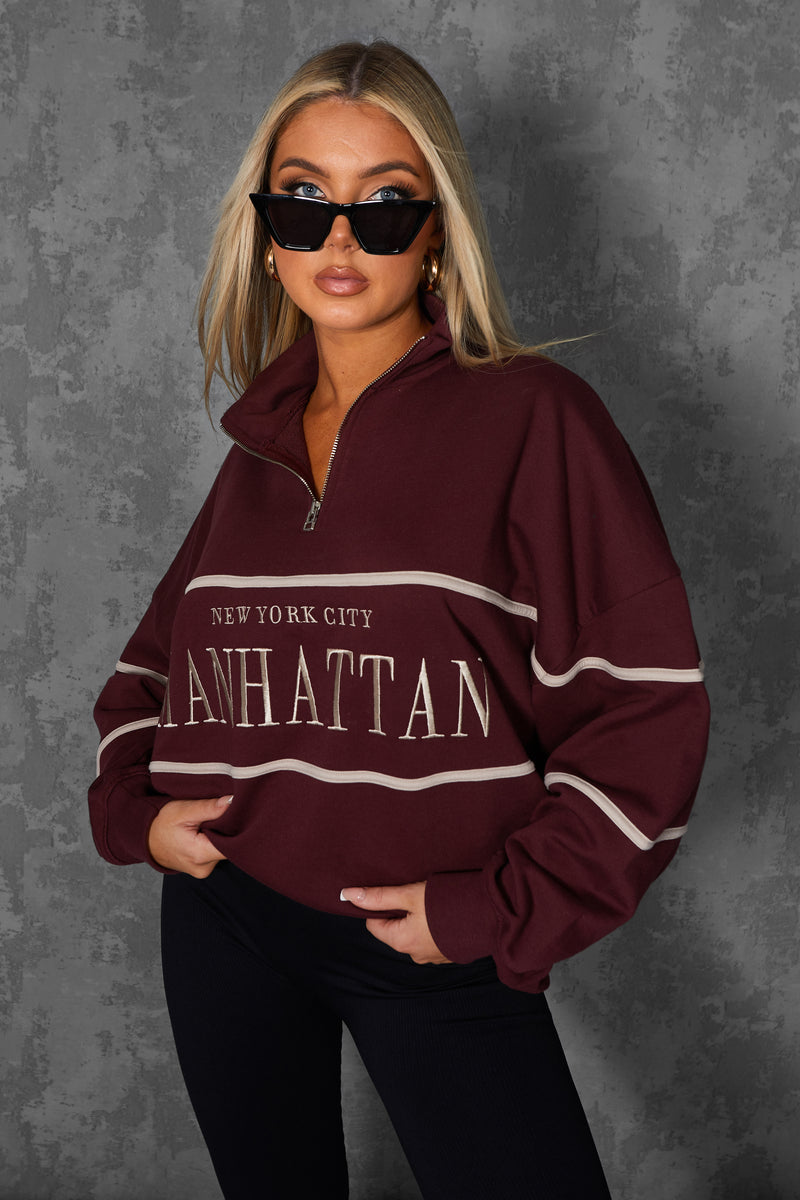 MANHATTAN SLOGAN HALF ZIP PULLOVER SWEATSHIRT BURGUNDY
