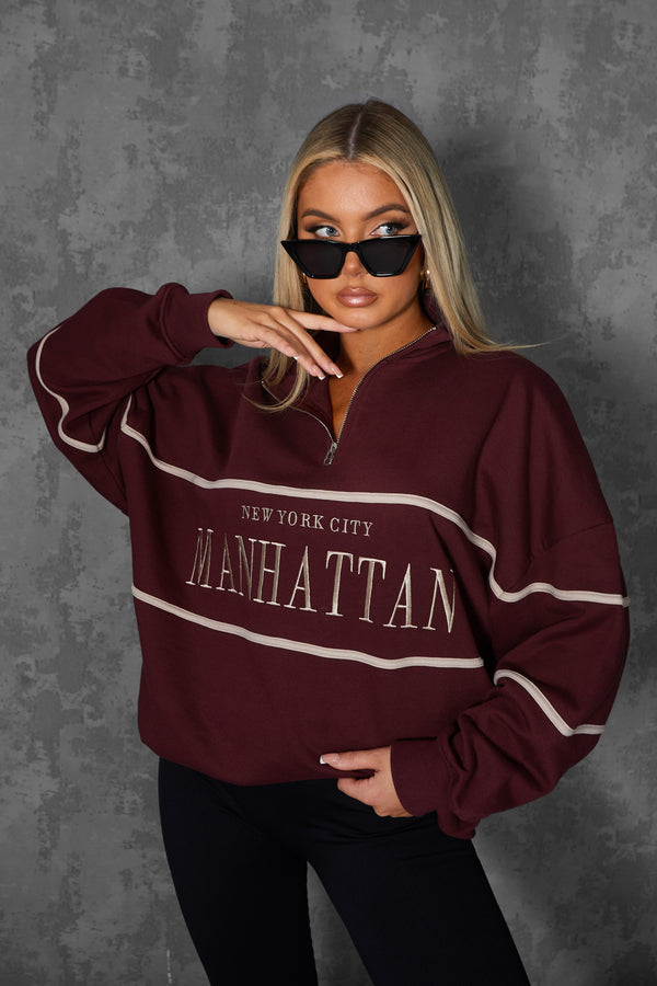 MANHATTAN SLOGAN HALF ZIP PULLOVER SWEATSHIRT BURGUNDY
