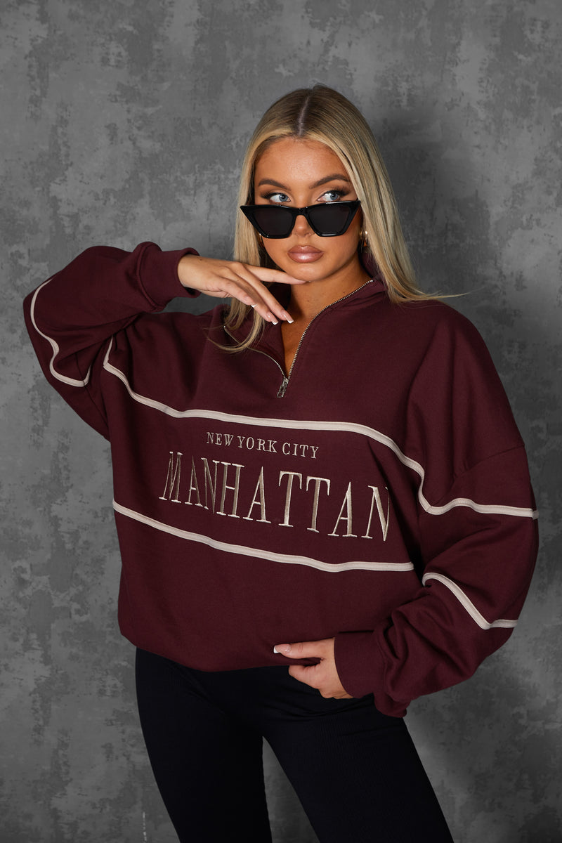 MANHATTAN SLOGAN HALF ZIP PULLOVER SWEATSHIRT BURGUNDY