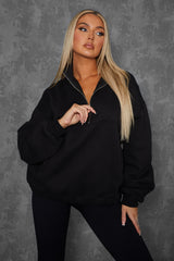 OVERSIZED HALF ZIP PULLOVER POCKET FRONT SWEATSHIRT BLACK