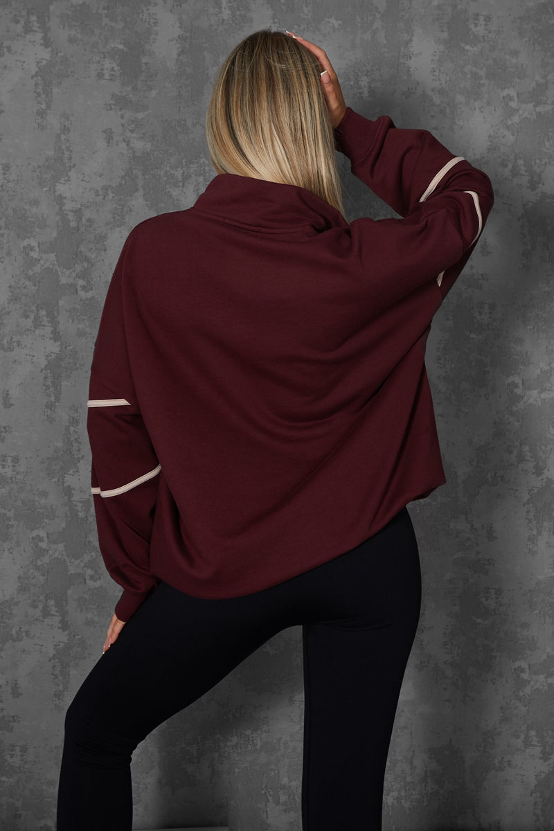 MANHATTAN SLOGAN HALF ZIP PULLOVER SWEATSHIRT BURGUNDY