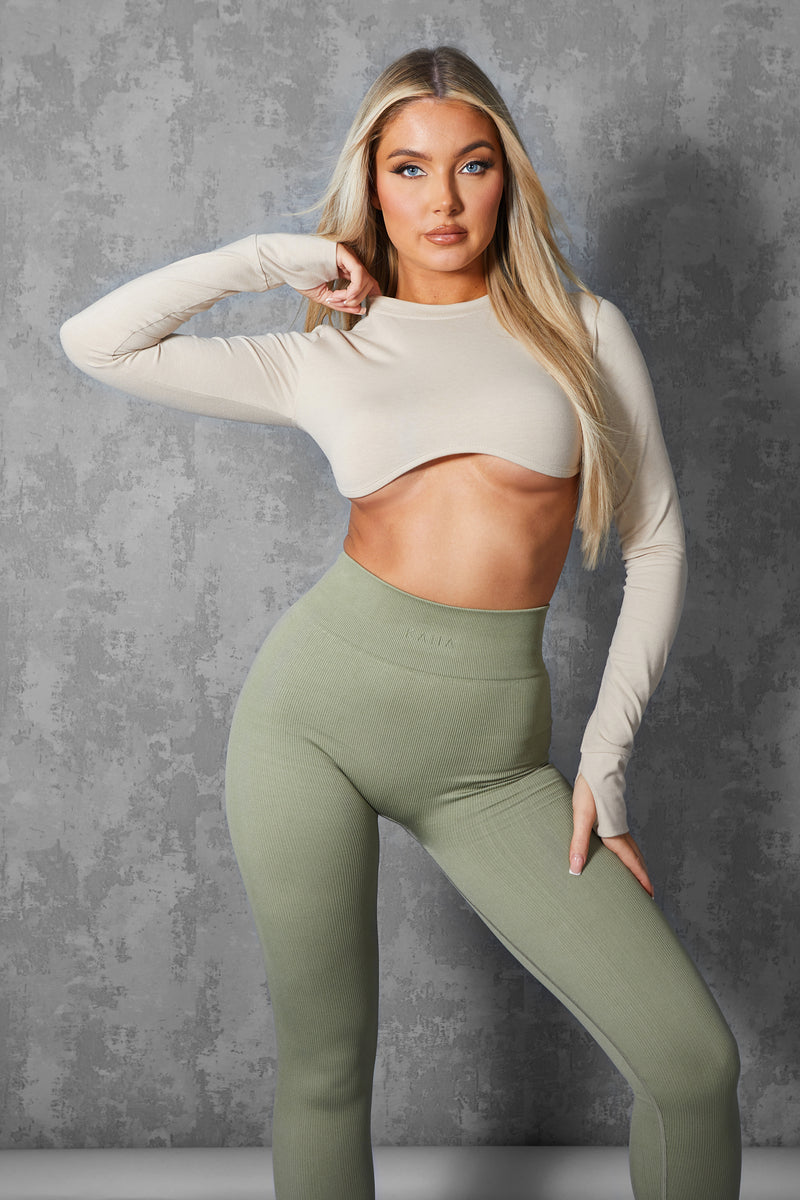 LONG SLEEVE UNDERBUST CROP TOP STONE