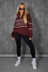 MANHATTAN SLOGAN HALF ZIP PULLOVER SWEATSHIRT BURGUNDY