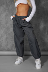 DRAWSTRING WAIST PARACHUTE CARGO TROUSERS GREY