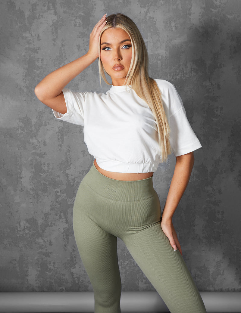 ELASTICATED WAIST CROPPED T-SHIRT WHITE