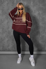 MANHATTAN SLOGAN HALF ZIP PULLOVER SWEATSHIRT BURGUNDY