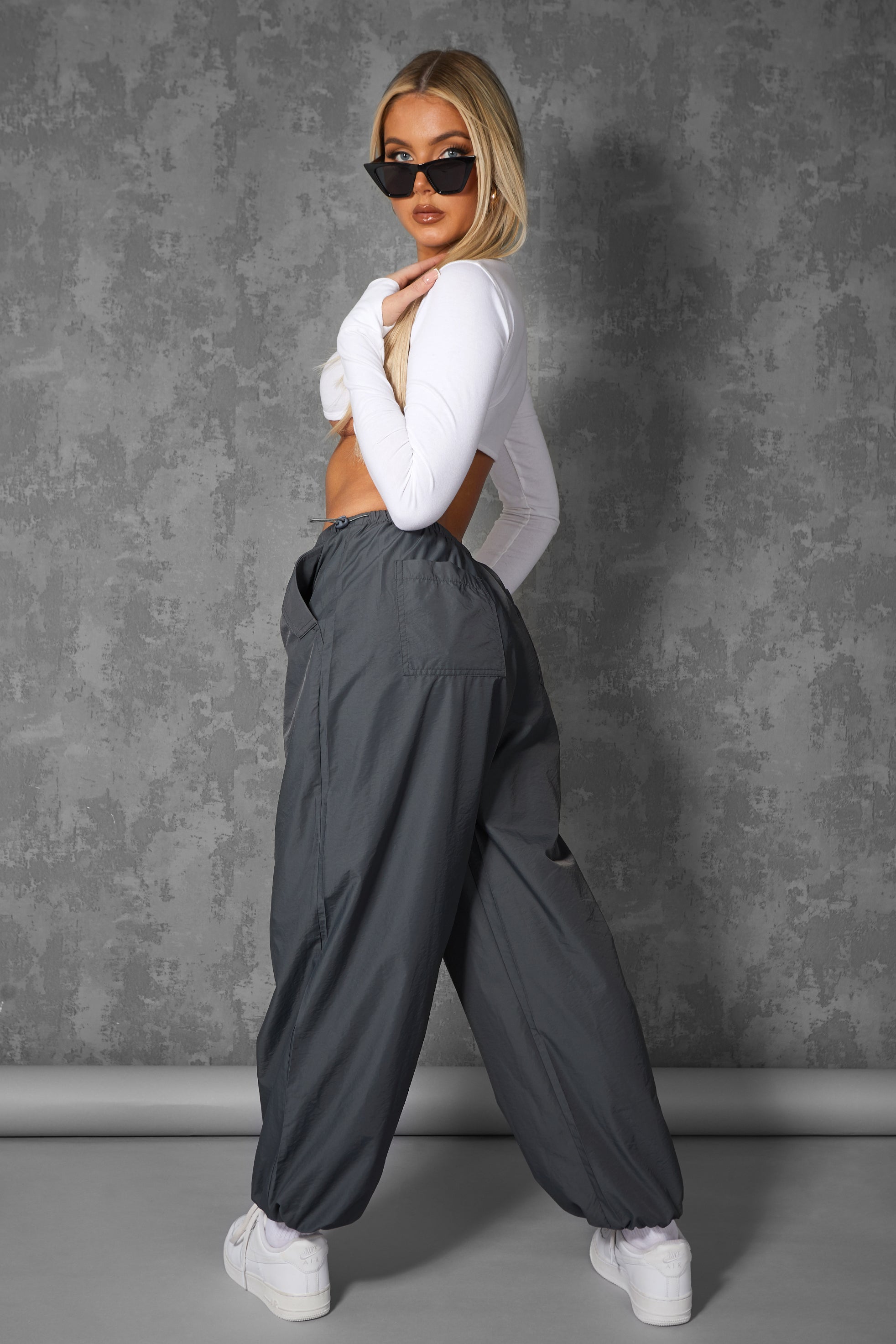 DRAWSTRING WAIST PARACHUTE CARGO TROUSERS GREY