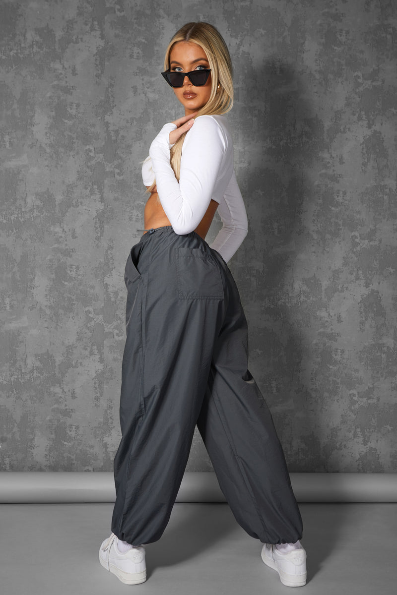 DRAWSTRING WAIST PARACHUTE CARGO TROUSERS GREY