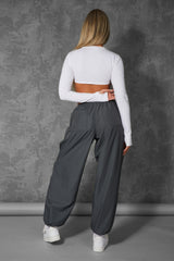 DRAWSTRING WAIST PARACHUTE CARGO TROUSERS GREY