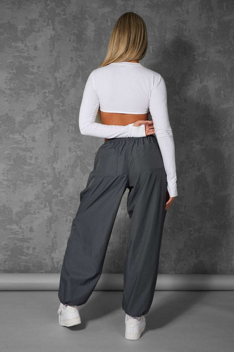 DRAWSTRING WAIST PARACHUTE CARGO TROUSERS GREY