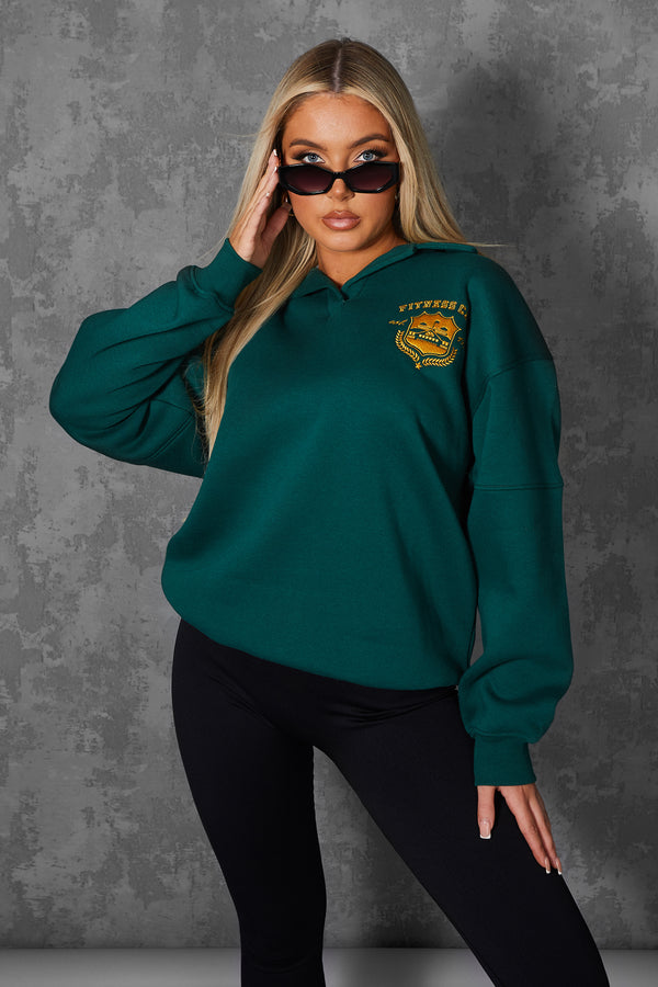 SPORTS CLUB EMBROIDERED BADGE OVERSIZED RUGBY SWEATSHIRT FOREST GREEN