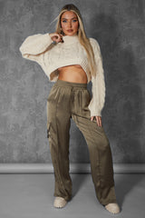 SPLIT HEM SATIN ELASTICATED WAIST WIDE LEG CARGO TROUSERS KHAKI