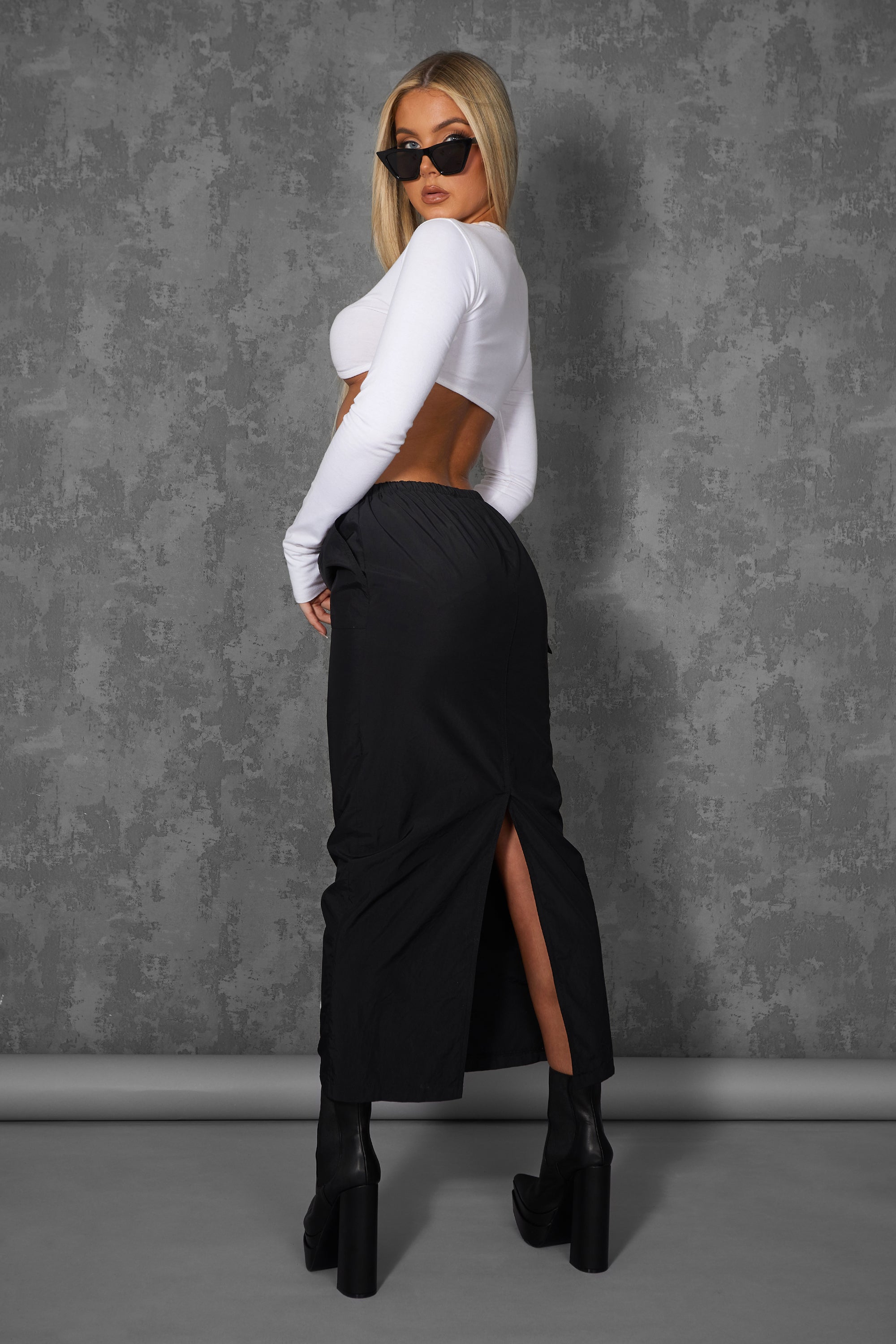 DRAWSTRING WAIST CARGO MIDI SKIRT BLACK