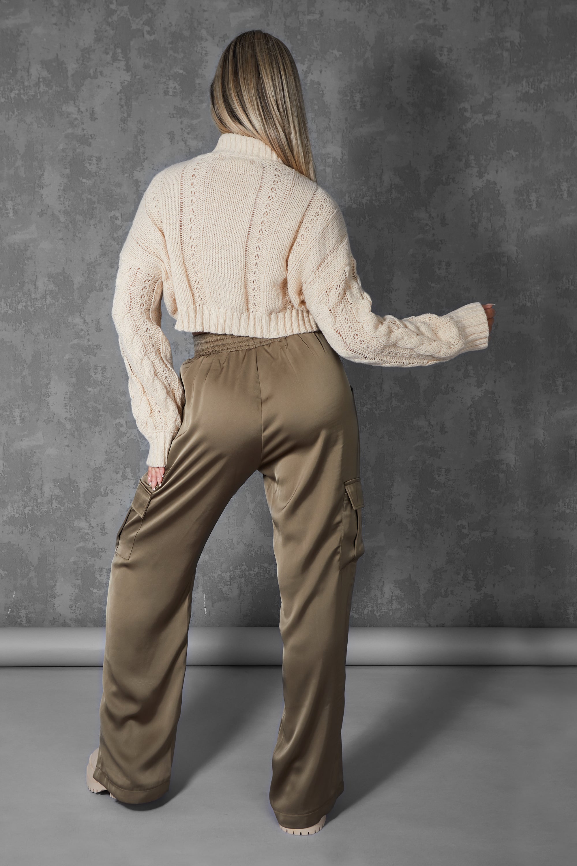 Satin khaki trousers clearance