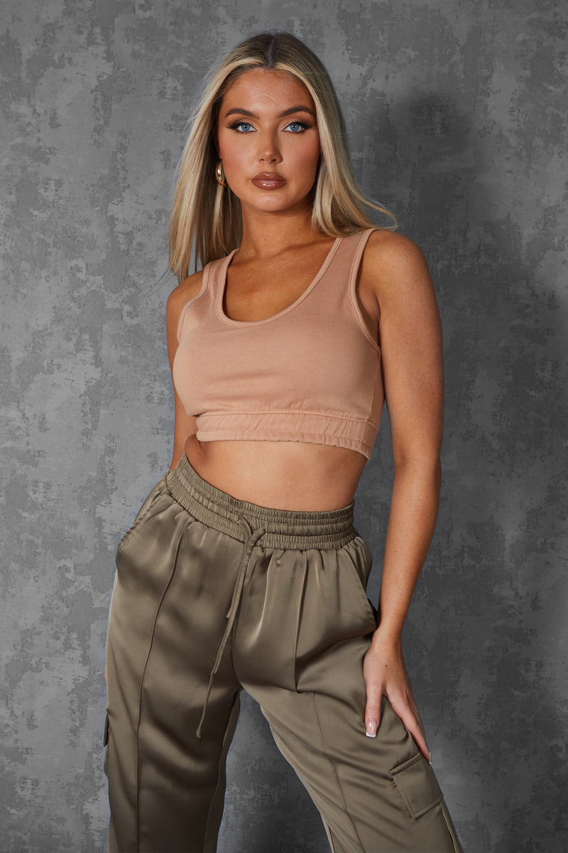 ELASTICATED WAIST SWEAT SCOOP NECK CROP TOP CAMEL