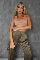 ELASTICATED WAIST SWEAT SCOOP NECK CROP TOP CAMEL