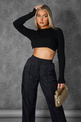 OPEN CHAIN BACK KNITTED CROP TOP BLACK
