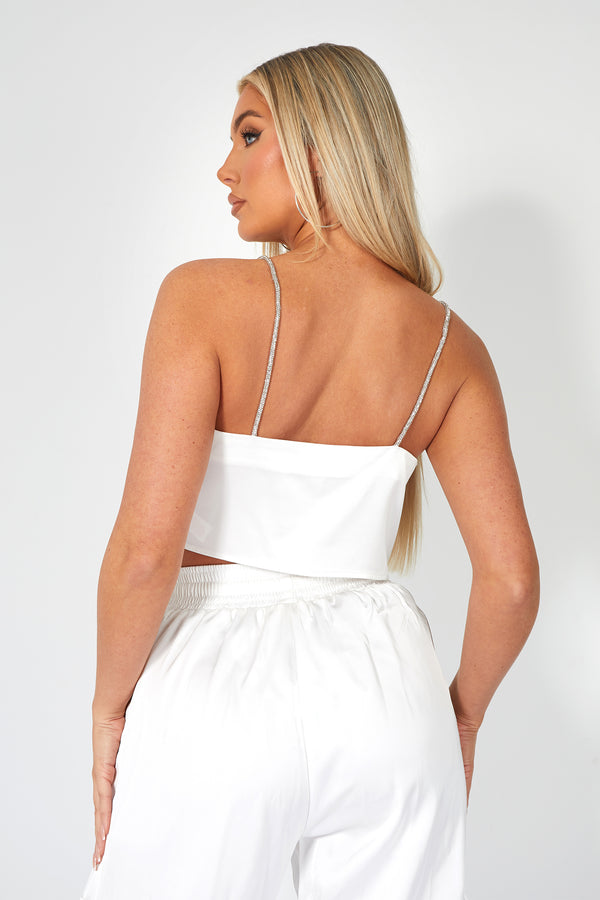 DIAMANTE ROPE STRAP COWL FRONT SATIN TOP WHITE