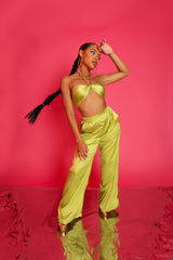 WIDE LEG SATIN TROUSERS LIME