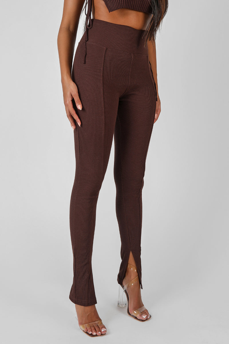 SPLIT HEM RIBBED LEGGING CHOCOLATE