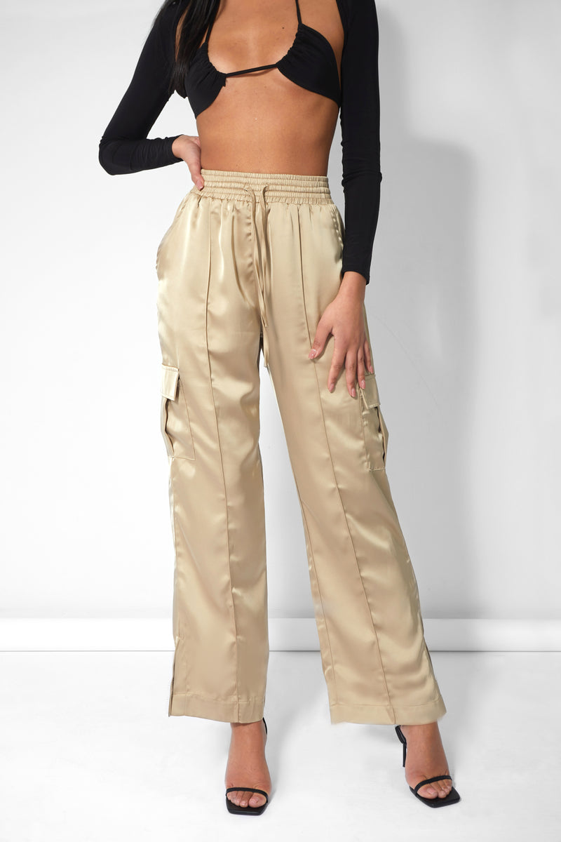 Split Hem Satin Elasticated Waist Wide Leg Cargo Trousers Champagne