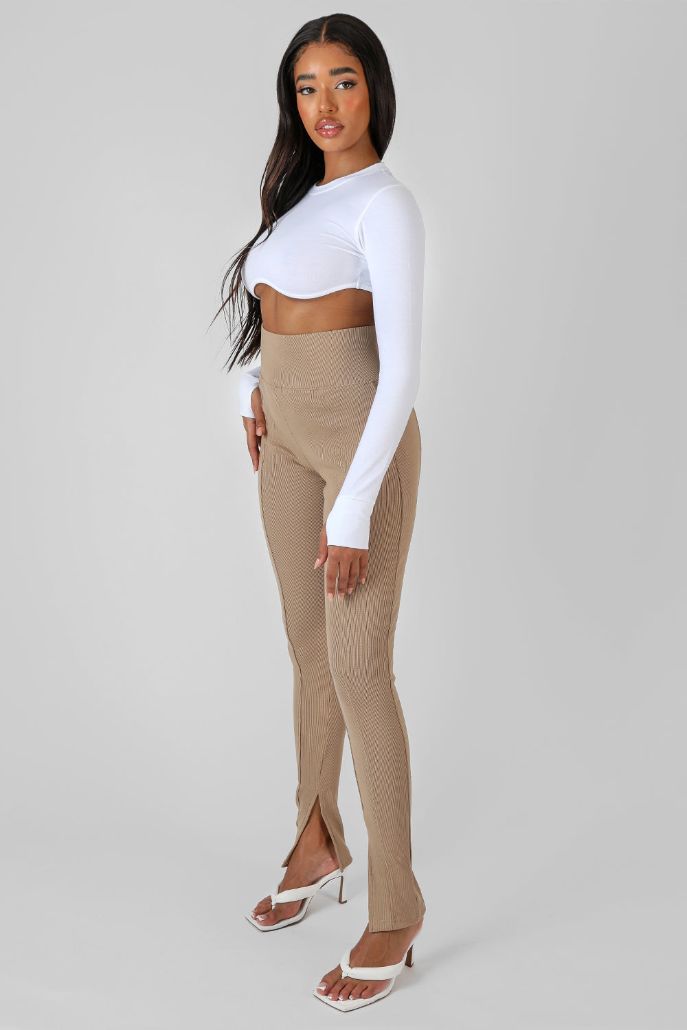 SPLIT HEM RIBBED LEGGING CAMEL